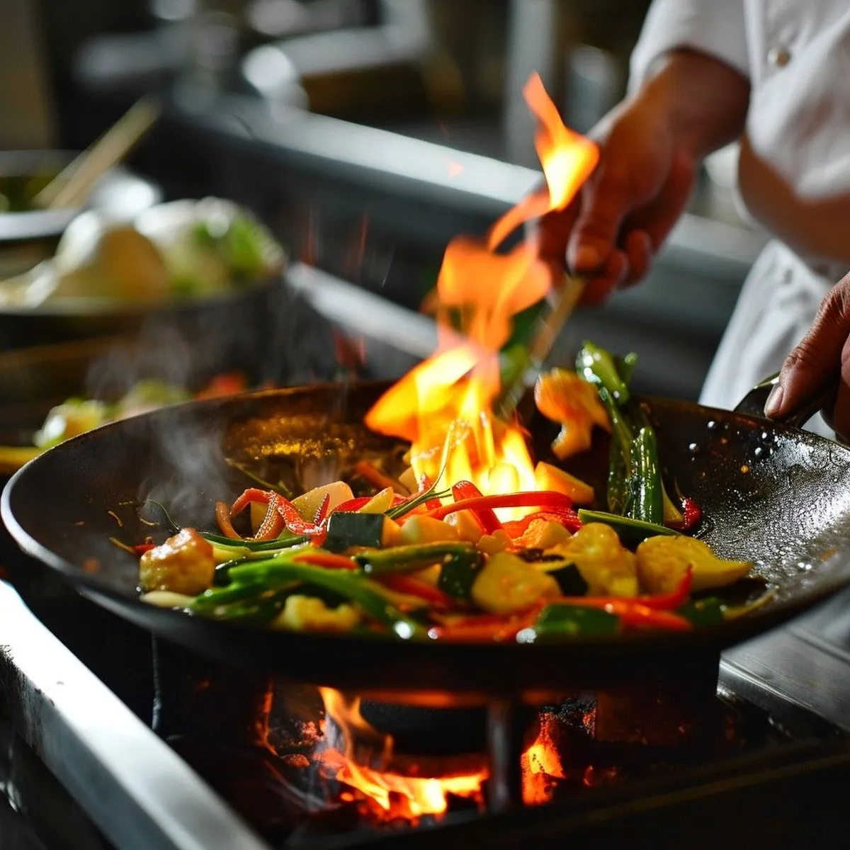 A wok of vegetables tossed over a high flame — Thai street-kitchen cooking on the A taste of Thailand menu.