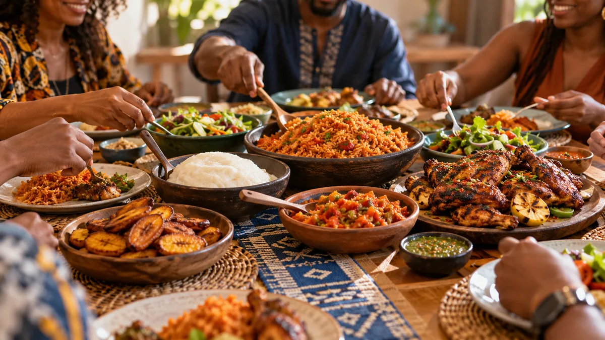 A West African feast table — fragrant rice, flame-grilled chicken, vegetables and sauces shared around the table.