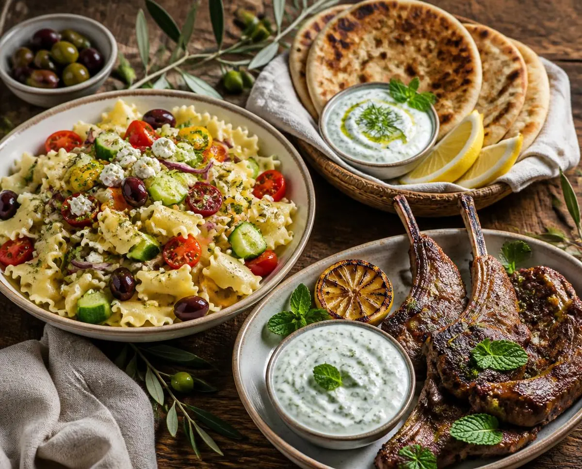 A Mediterranean feast table by the sea — flame-grilled skewers, flatbreads, salads and dips shared around the table.